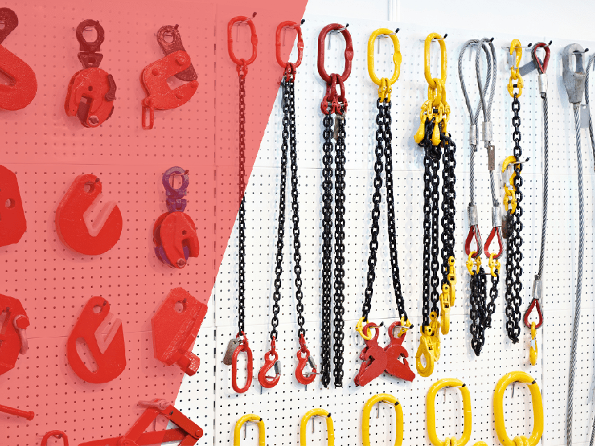 Présentoir d'accessoire de levage composé de chaines de levage, pinces et élingues cables 
