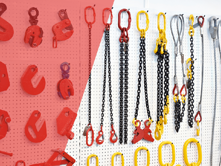 Présentoir d'accessoire de levage composé de chaines de levage, pinces et élingues cables