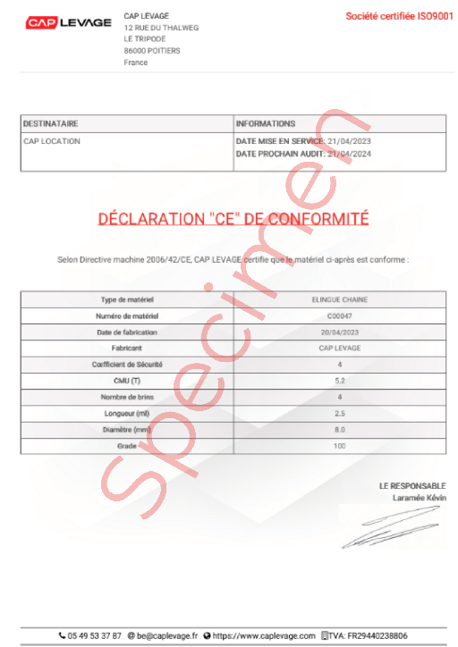 Exemple certificat élingue chaine 