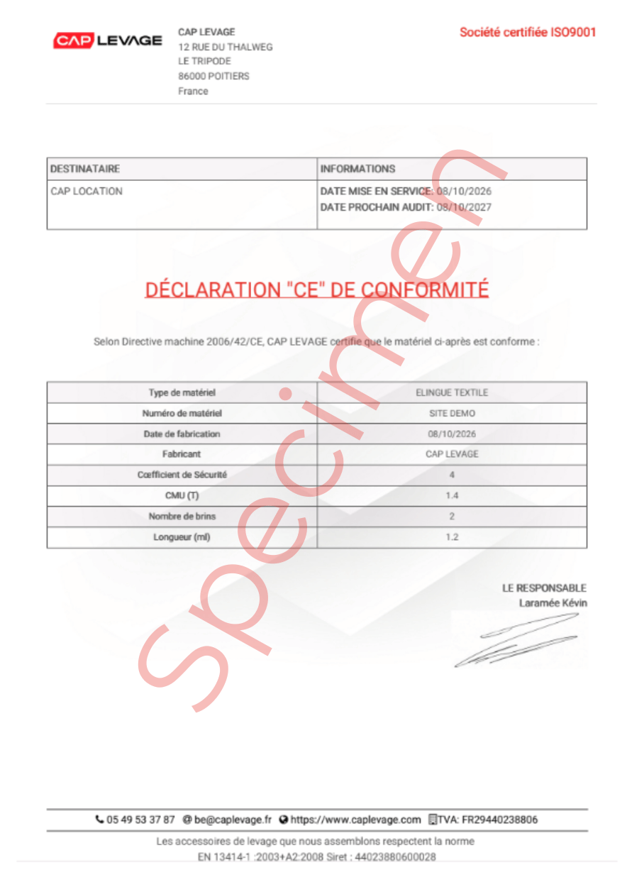 Exemple certificat élingue chaine